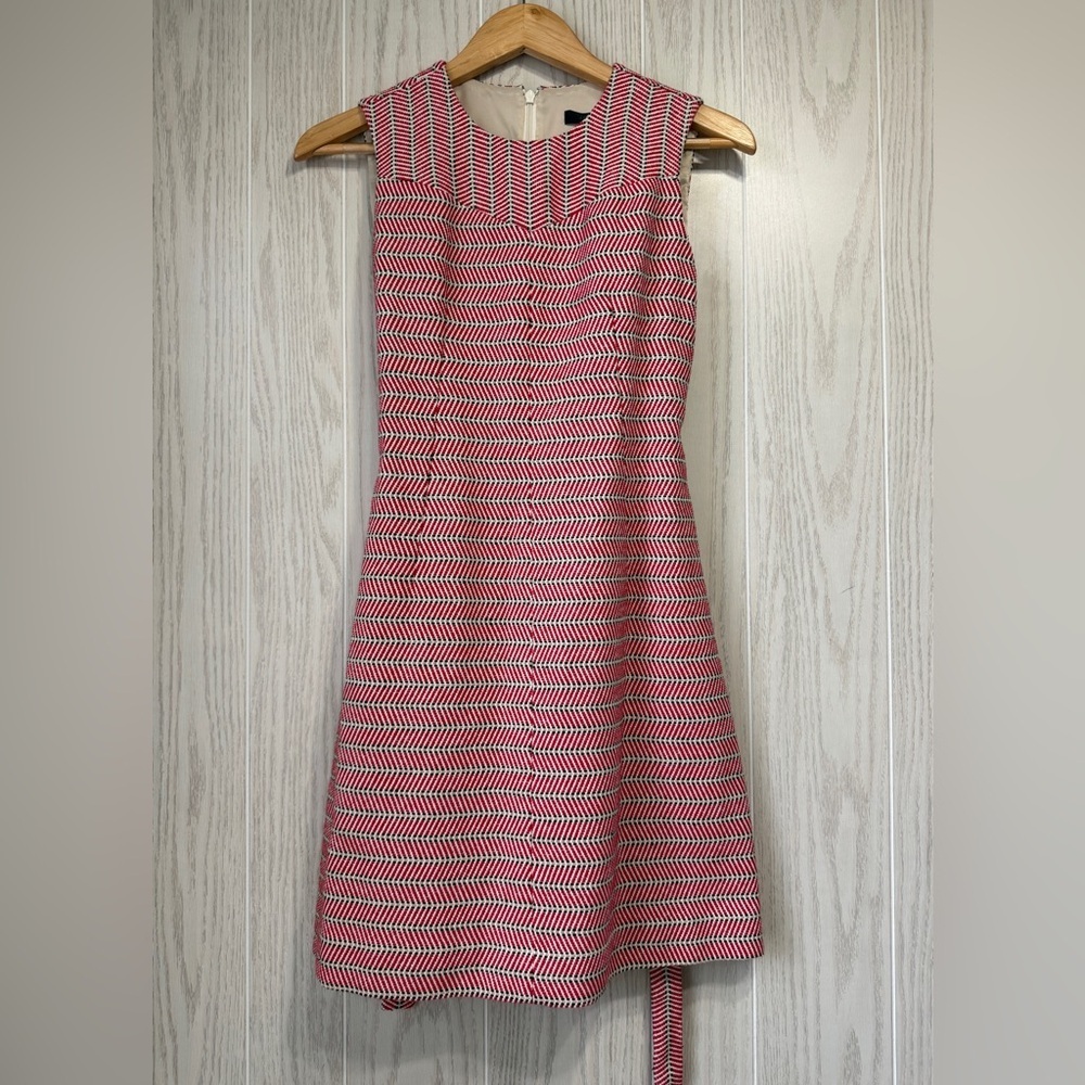 J.Crew Size 6P Red Black Chevron Tweed Sleeveless Belted Midi Dress EUC
